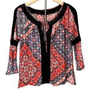 Jessica Simpson BOHO Peasant Top Lace Trim Blouse Colorful V-neck Flowy Medium